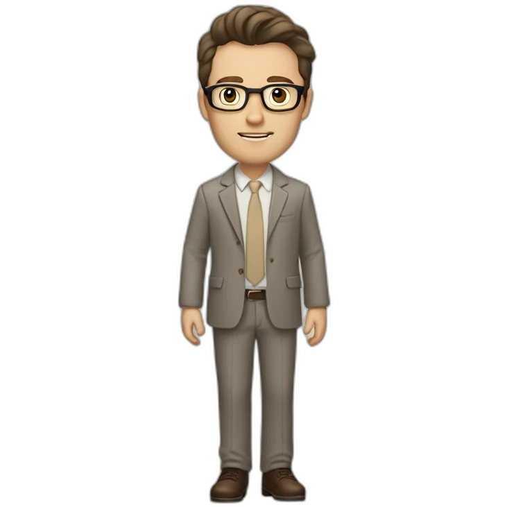 Full height Gesticulating Pale skinned fit man with dark brown hair in gray jacket, beige office shirt, brown tie, brown pants and vintage glasses. emoji