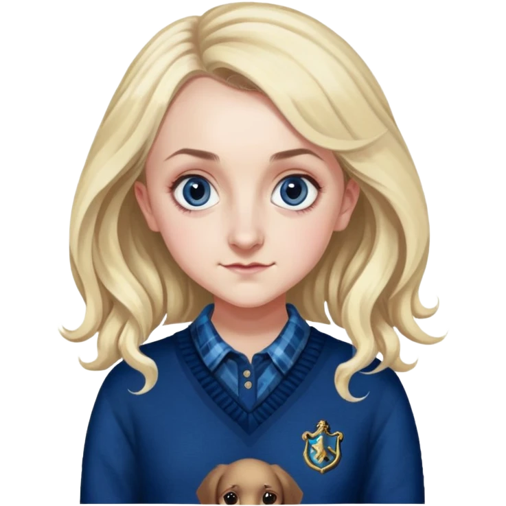 Evanna Lynch is Luna Lovegood in harry potter, wear dark blue sweater plaid shirt inside emoji