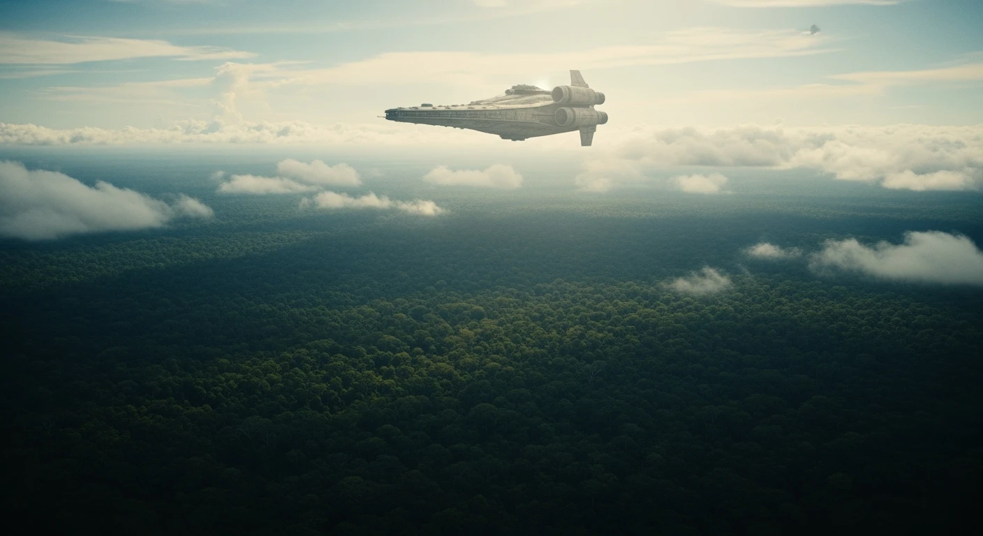 cinematic still, establishing shot, shot from top, amazon jungle from top,  starship around clouds, inspired by StarWars movie, captured by arri alexa emoji