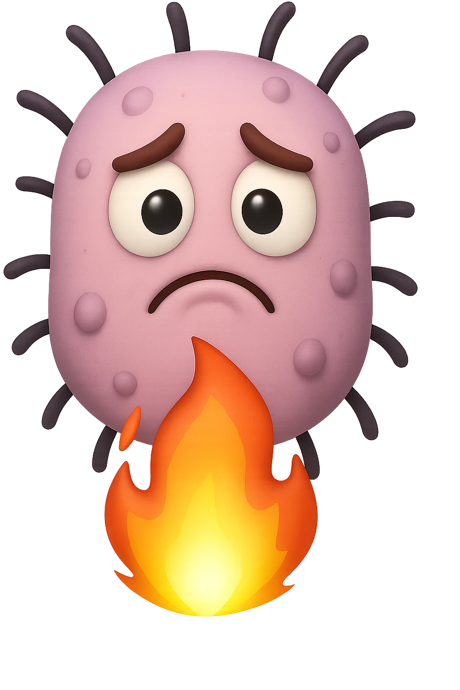 EMOJI STILE IPHONE 3D DI BATTERI INTESTINALI 3D CON ESPRESSIONE TRISTE  IN VOLTO MENTRE SOTTO DI LORO BRUCIA UNA FIAMMA, FAGLI ANCHE LA PARTE BIANCA DEGLI OCCHI, NON SOLO LA PUPILLA emoji
