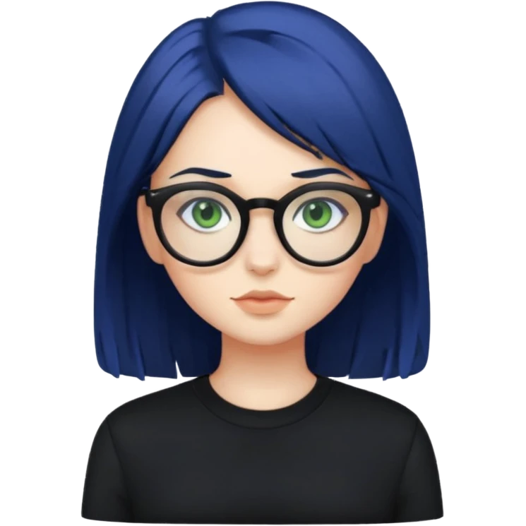 A girl with dark blue hair, glasses and green eyes, wearing black clothes  emoji