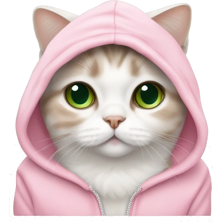scottish fold cat lop ears green eyes white fur in pink hoodie emoji