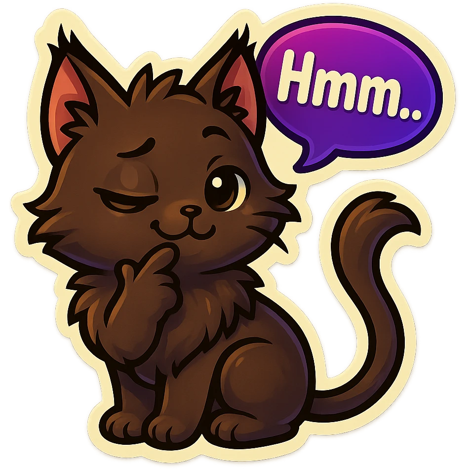 a dark-brown fluffy cute kawaii anime cat with tufted ears and a long thin tufted tail, thinking, smirking thoughtfully, saying “Hmm..” with a purple speech bubble emoji