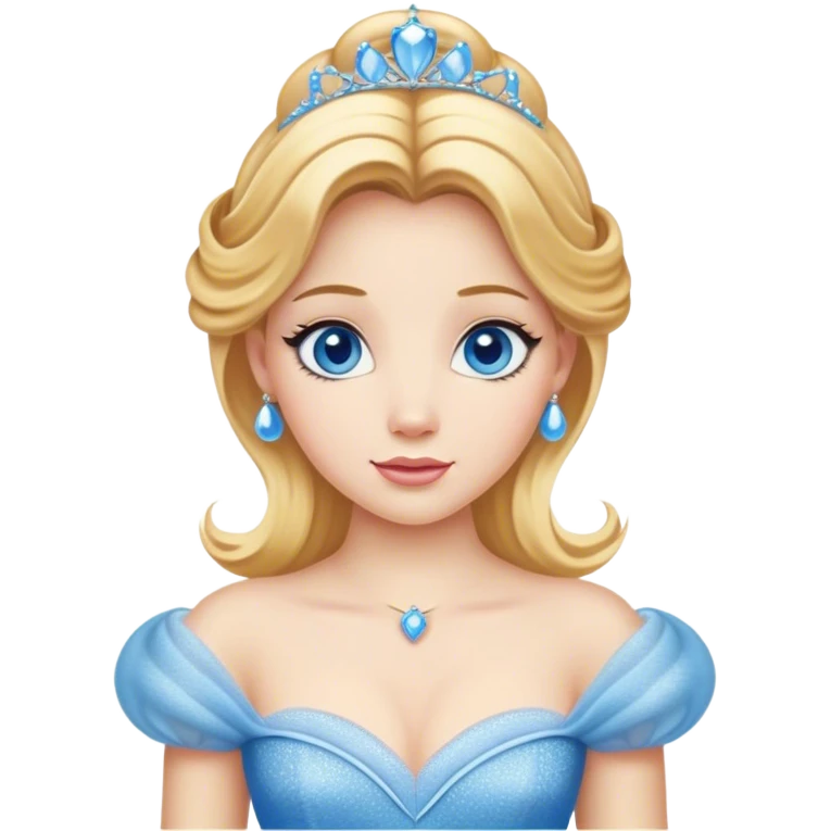Cinematic Realistic Comical Cinderella Portrait, with every detail rendered realistically—from the soft, smooth texture of her fair skin to her artfully styled golden-blonde hair. Her bright blue eyes are wide with playful disbelief, and her expression carries a touch of whimsical humor while retaining elegant poise. Her classic ball gown, detailed with rich fabric textures and natural shadows, catches the light in a way that blends refined beauty with a hint of cheeky mischief, creating a striking, lifelike portrayal. emoji
