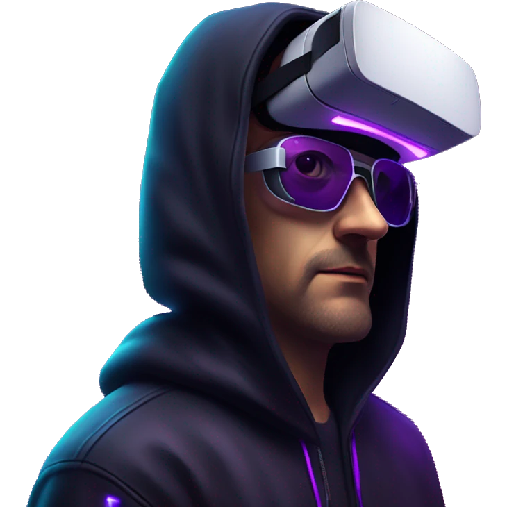 Russian man wearing a black hoodie with "OMG" letters on it and VR headset in a cyberpunk VR environment with violet neon lighting. emoji
