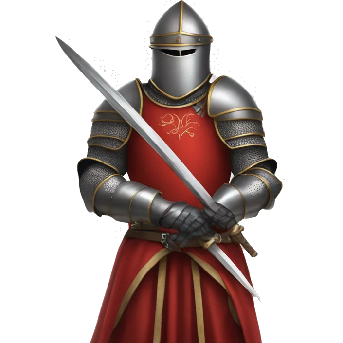A person in medieval armor kneels, looking upward, with hands resting on a sword. They're dressed in a red garment under the armor. emoji