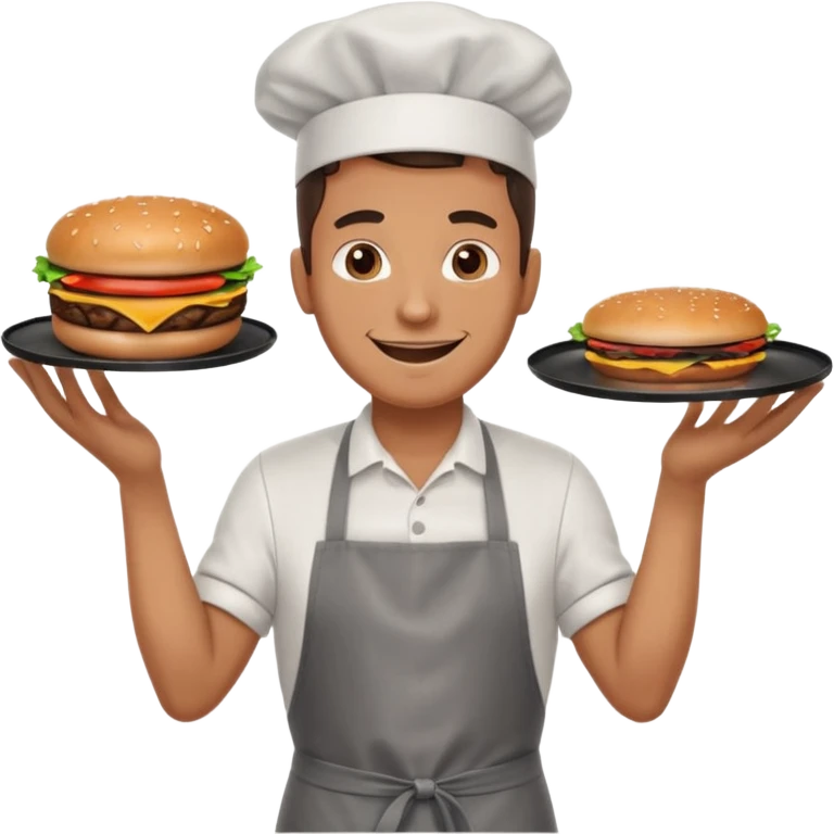 A cheerful man in an apron flipping burgers on a sizzling grill with smoke puffing upward. emoji