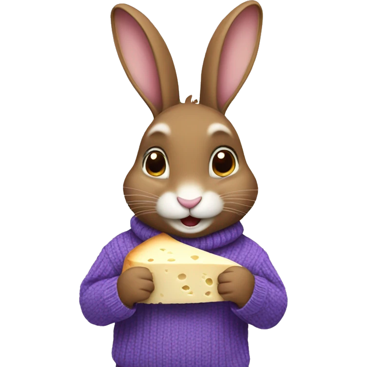 Cute rabbit: a brown rabbit wearing a purple sweater . Eating a gorgonzola cheese emoji