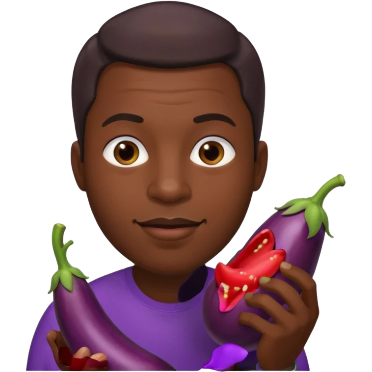 Black man biting his lip, while holding an eggplant infront of him emoji