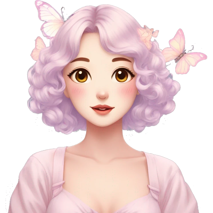 Gorgeous pastel anime style lady with blushing face and butterflies aesthetic trending style emoji