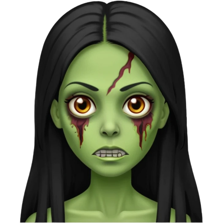 Faça uma zombie verde mulher com cabelos preto, liso e longo de olhos castanhos emoji