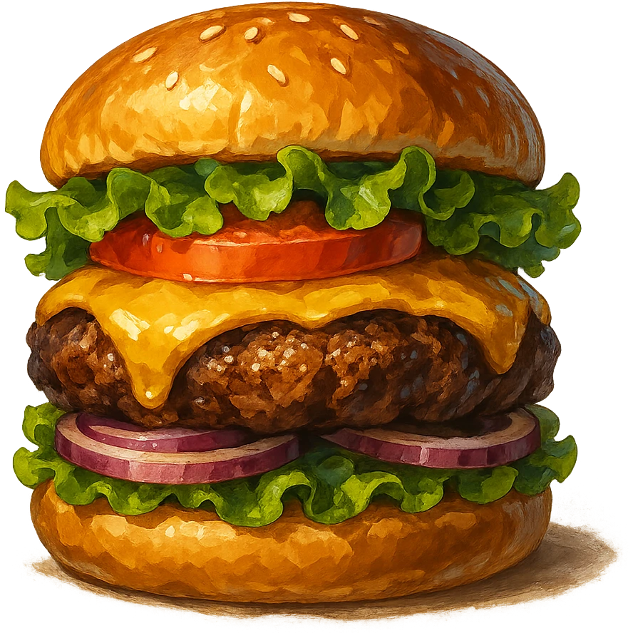 В слега рисованном, но при этом ярком и объемном стиле сгенерируй картинку сочного американского бургера, профессионально выставленный свет, который подчеркивает объем, прозрачный фон emoji