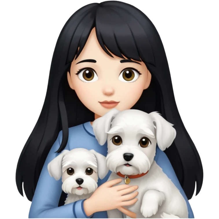 Girl with long black hair and bangs holding a white schnauzer dog emoji