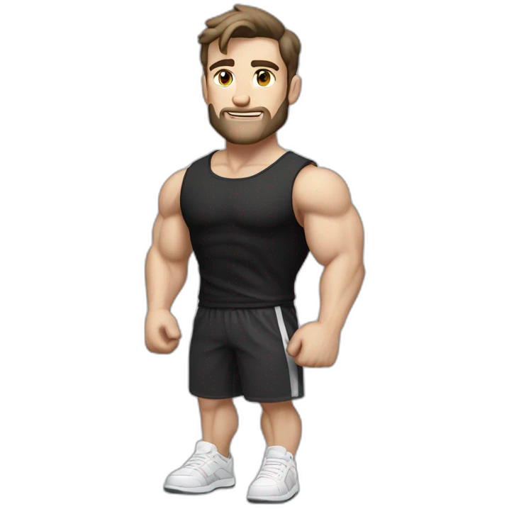 Idyll Pale skinned Fit Man With the biceps and dark brown hair in black shirt, gray sports shorts and white Sneakers emoji