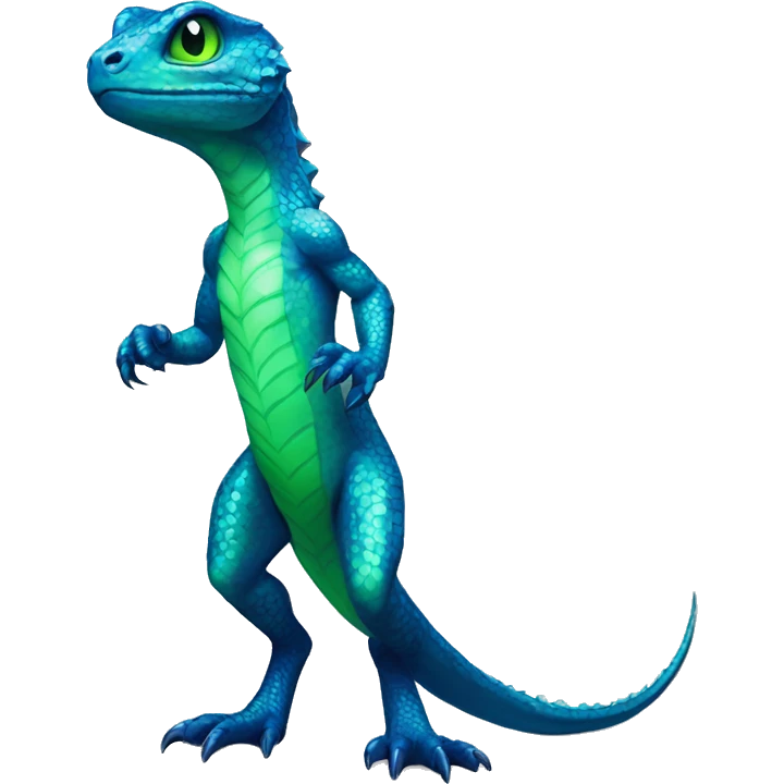 A Cyan Shiny Glossy Anthro-Lizard-Reptile-Salamandrian-Fakémon with dark-blue patterns and light-green belly Full Body emoji