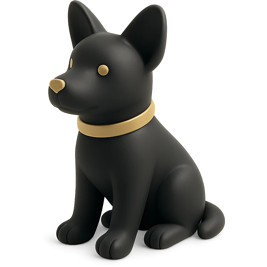 <systemPrompt>
  <style>
    <renderType>3D</renderType>
    <finish>Soft matte</finish>
    <colors>
      <primary>Black</primary>
      <secondary>Antique gold</secondary>
      <background>Pristine white</background>
    </colors>
    <composition>
      <angle>Isometric</angle>
      <shadows>Feathered</shadows>
      <lighting>Ambient glow</lighting>
    </composition>
    <tone>Minimalist</tone>
    <aesthetic>Simple and elegant</aesthetic>
  </style>
</systemPrompt>

{subject} = dog emoji