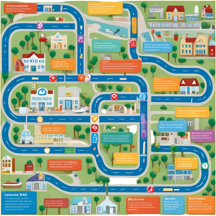 journey on a game board about Type 1 diabetes and aging with pathways and landing places (hospital, places to live, advocacy, physical changes, to share knowledge and ways of coping, energetic with text: T1D to 100 and subtext Aging with Type 1 diabetes emoji