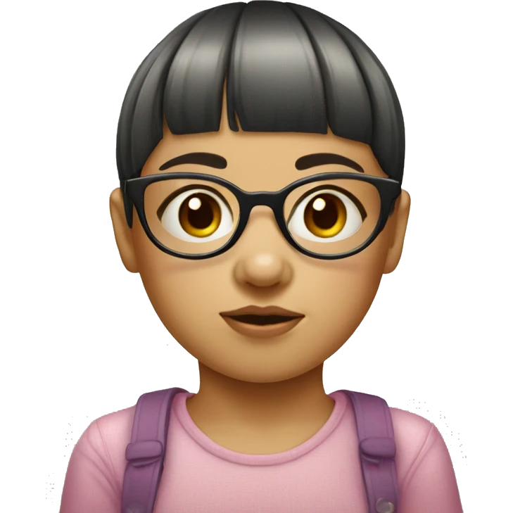 Little girl with bowl cut, glasses, and acne emoji