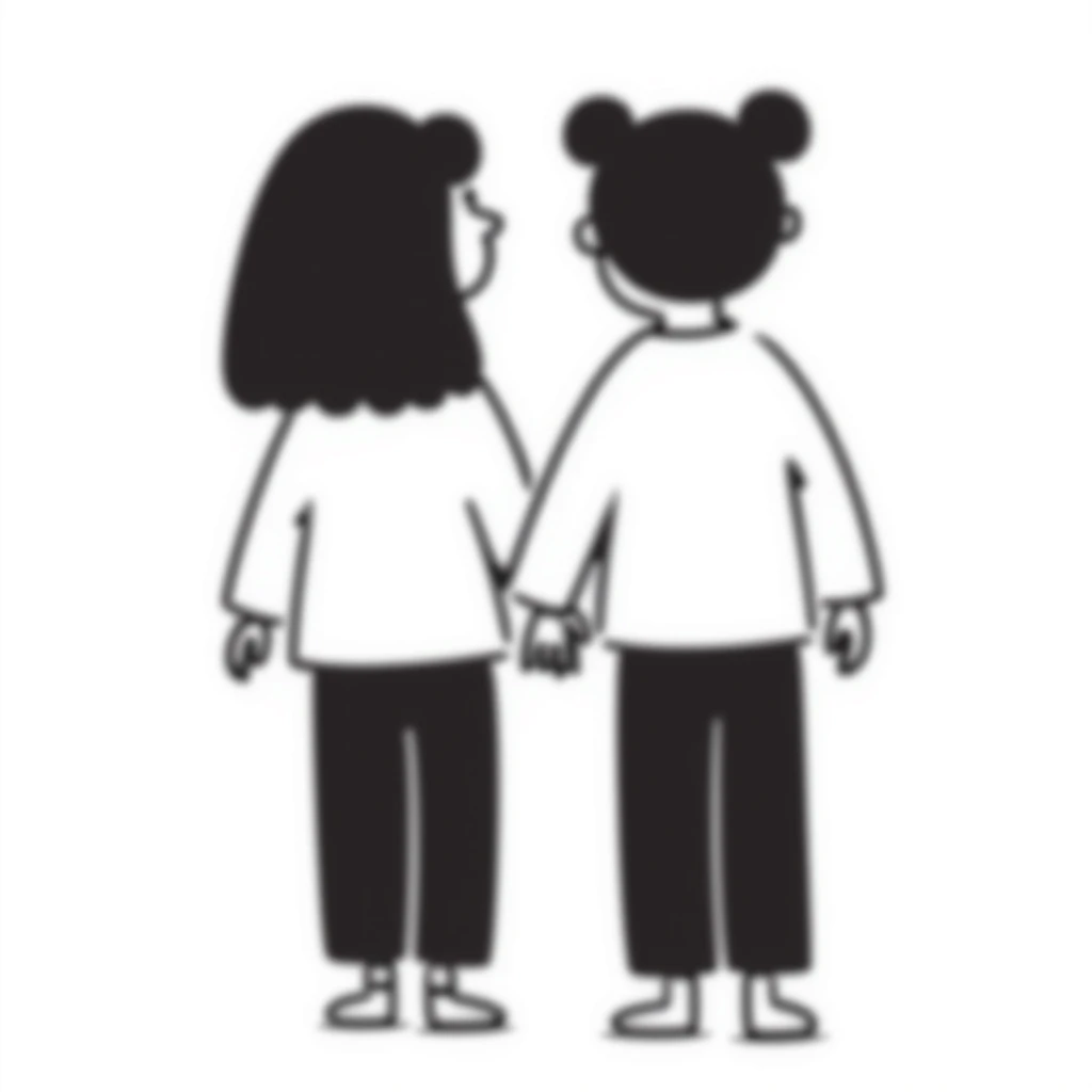 Silhouette of two identical twins seen from behind, standing side by side in pastel colors (dd9fb0, ffc6d3, a3bfc9, c4bee2, f1b091), hand-drawn doodle style emoji