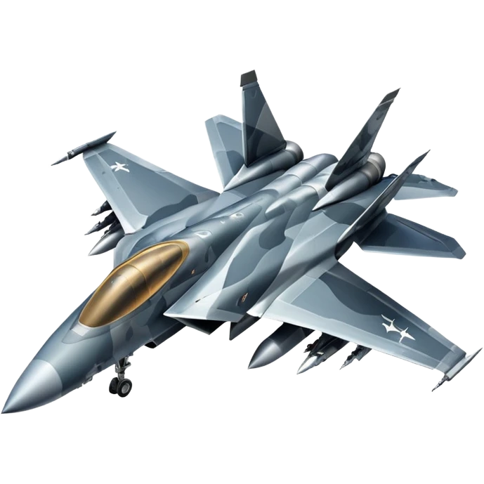 Draw a modern fighter jet with sharp wings, camo design & missiles mounted. emoji