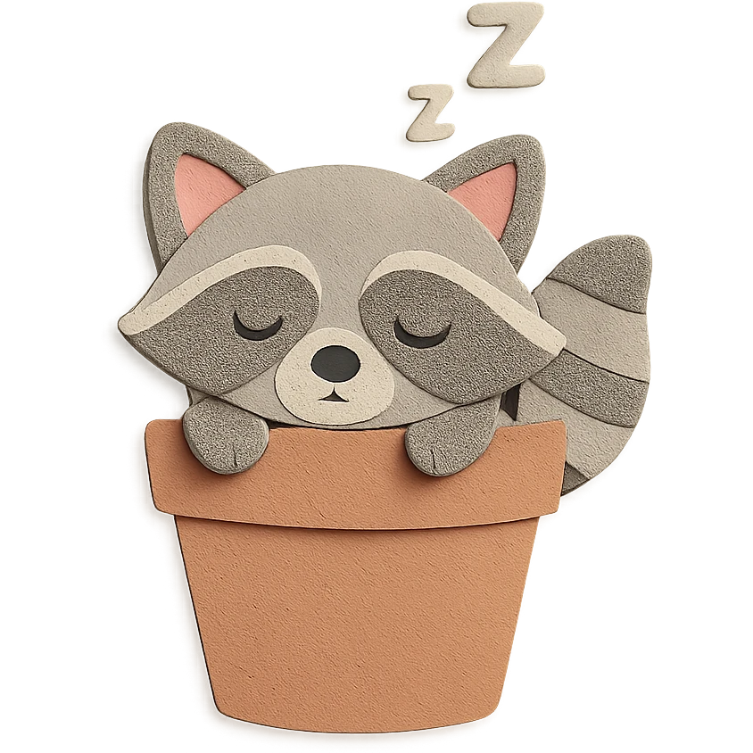 a sleepy raccoon inside a flower pot, pastel earthy colors, paper craft style emoji