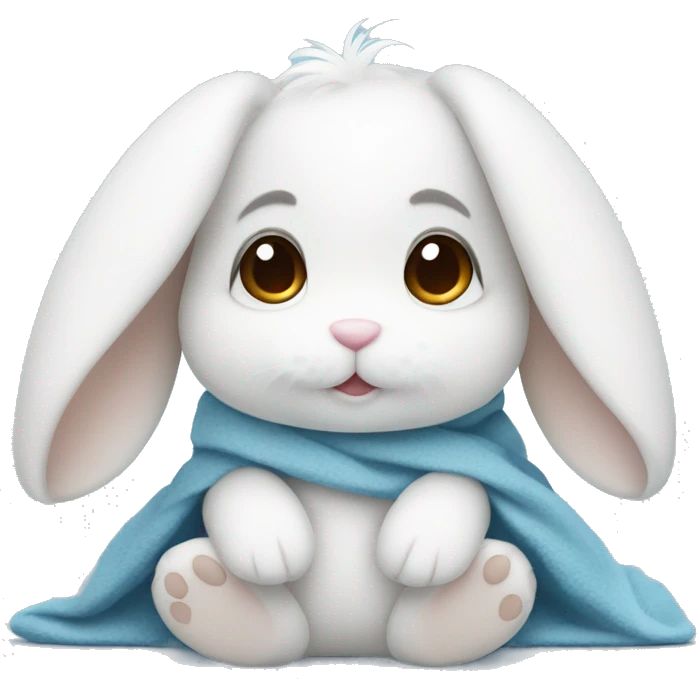 White cute fluffy bunny with brown eyes sitting wrapped in a blue blanket emoji