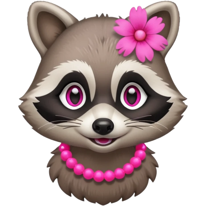 A playful raccoon wearing a neon-pink flower necklace, looking festive. emoji