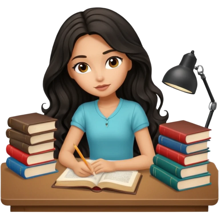 a pretty tan bratz girl with black wavy long hair studying. Pile of books on the table. No glasses emoji