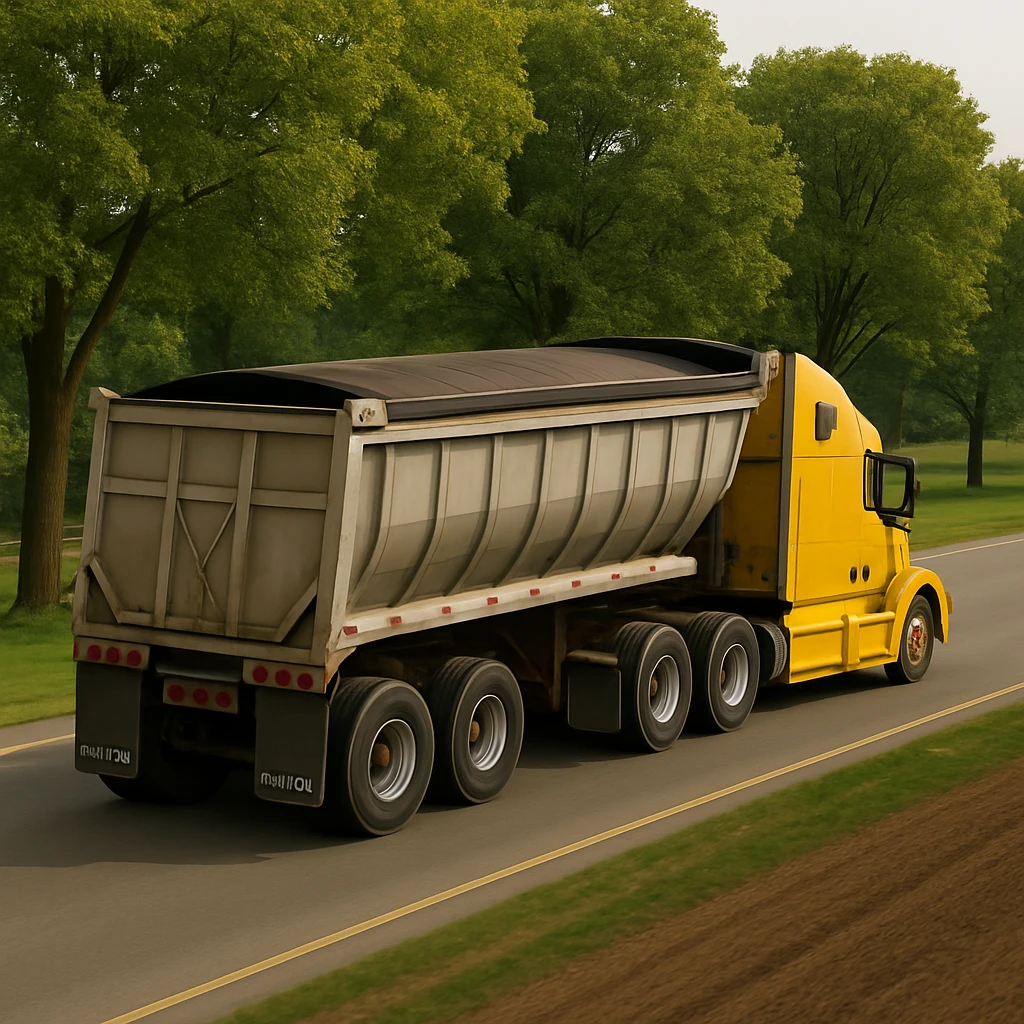 Add more trees to the background while keeping the yellow Volvo sleeper semi truck driving away with a large end dump trailer through farmland in a realistic style. emoji