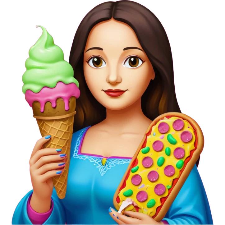 pop art neon Monalisa holding Melted spam meat ice cream pizza slice emoji