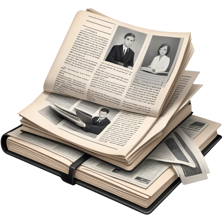 Icon for Non-Fiction & Narrative Reading: an open book with black-and-white photos on the pages, surrounded by a pile of newspaper clippings, and an open folder with top-secret documents. The icon should reflect the blend of real stories and facts in non-fiction literature. Transparent background. emoji