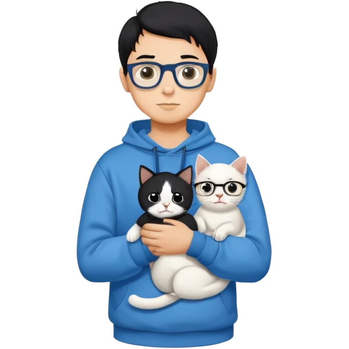 A boy wearing a sweatshirt, black hair and glasses is holding a white cat emoji