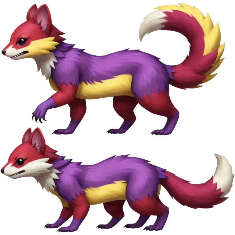 Purple, red, yellow Trico-Sergal-Furret-Ferret-Wolverine-Vernid-fusion-Fakemon-animal-hybrid-creature, full body emoji