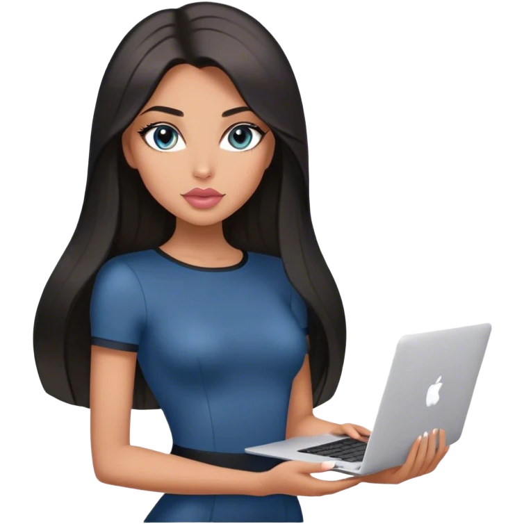 Glamours, tanned, very beautiful girl, with big pump peach-beige-rose lips, black straight smooth silky long hair, straight parting, blue-grey eyes, in short sleeves black bodysuit holding MacBook emoji