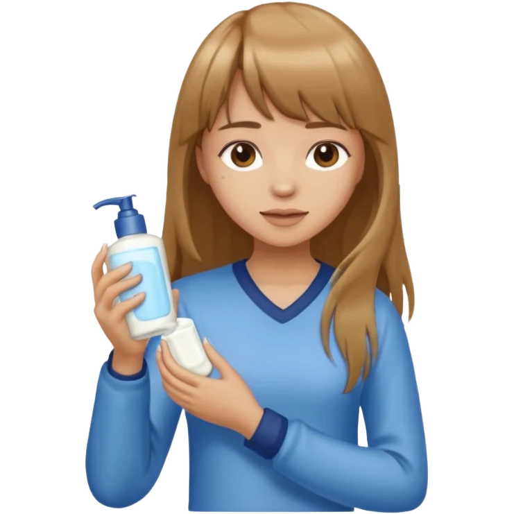a girl with light skin and medium brown long hair with bangs who is applying lotion to her body show her whole body emoji