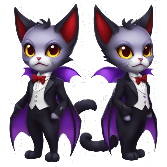 Cute-Evil-Vampiric-Batty-Cat-Black-Purple-Red-Yellow-Contrast-Colors-Fantasy-Fur-Sona-Chibi-Shiny-Fakémon-Hybrid with horns and big fangs neck bow white tie leg spats full body emoji