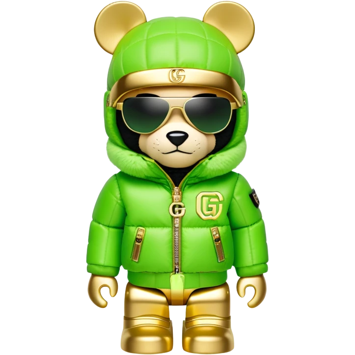 blocky bearbrick figure with cube-shaped head, lime green balaclava with integrated mirrored visor lens, Gucci logo patterned puffer jacket with lavish fur collar and cuffs, luxury statement piece, gold chains emoji
