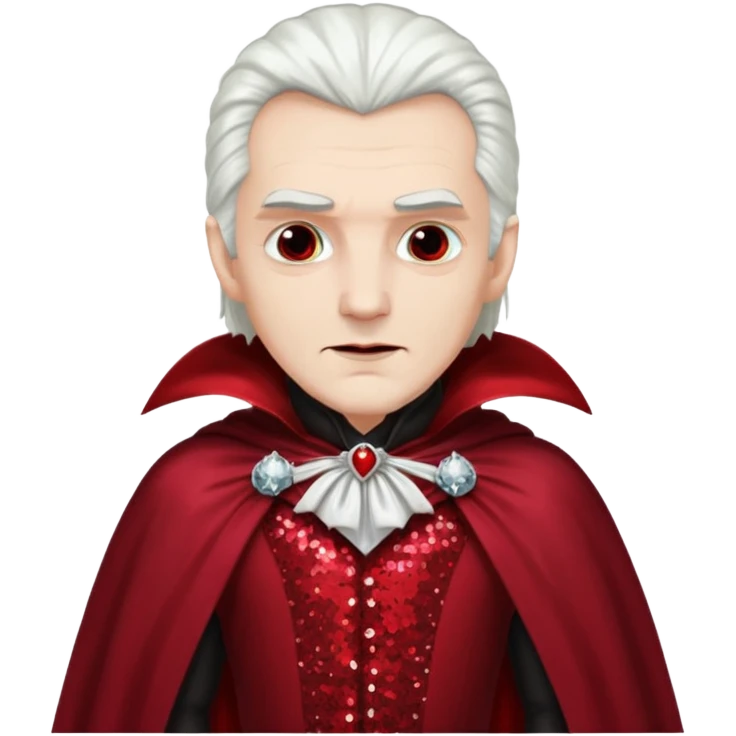Count Dracula with long white hair, dark red sequin outfit  emoji
