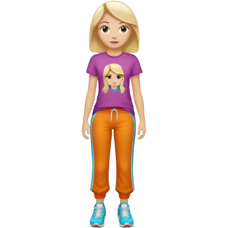 Hiphop dancer, with cute big pants, sneakers, and t-shirt. White girl blond. Coloufull shirt. No pocket pants emoji