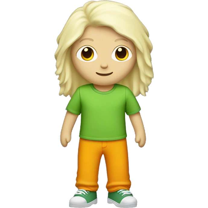 white ragdoll with orange shirt, green pants, and yellow hair  emoji