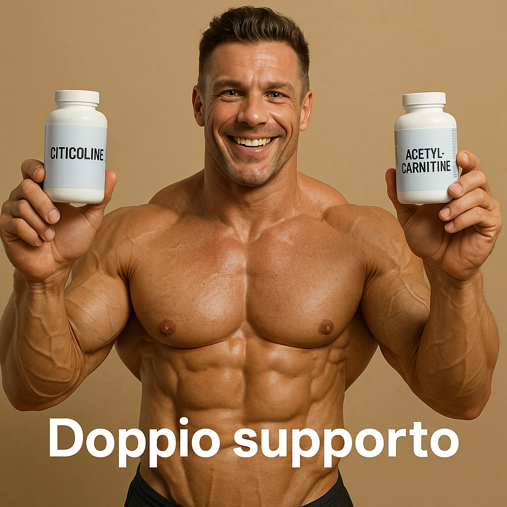 hyper realistic bodybuilder smiling showing citicoline and acetylcarnitine, defined muscles, visible labels, text 'Doppio supporto', positive atmosphere emoji