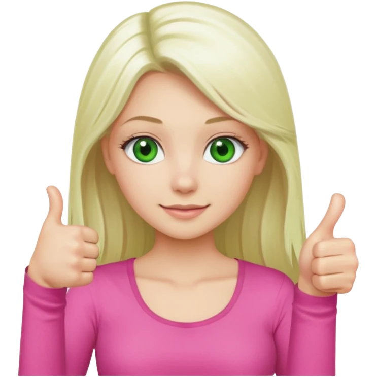 Long platinum blonde hair girl with green eyes in  pink top showing a thumbs up emoji