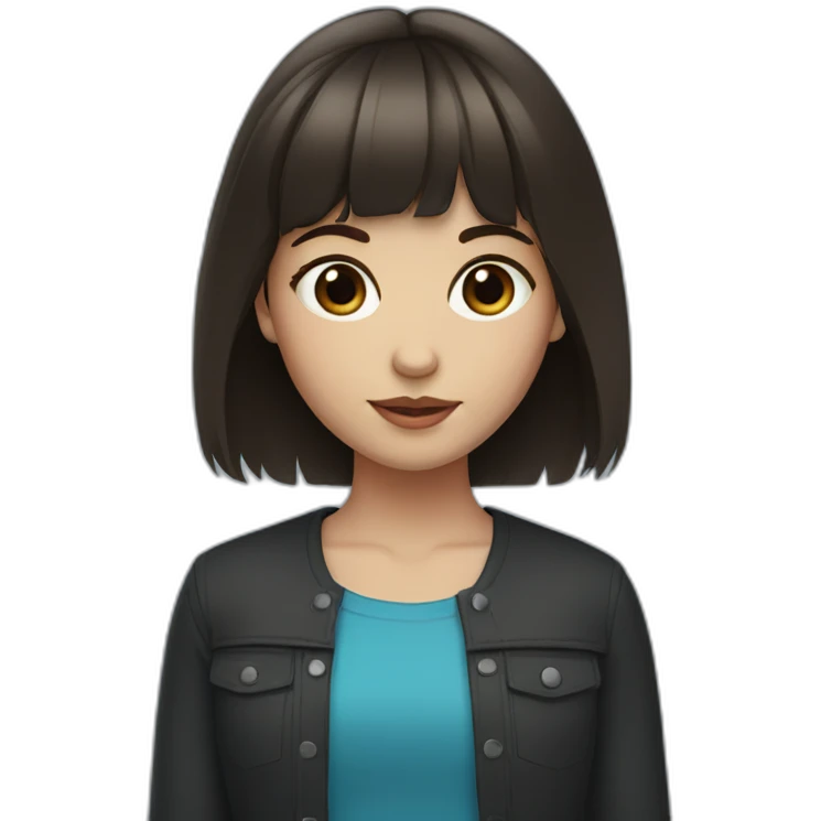 girl with dark brown hair, thick bangs, blue eyes emoji