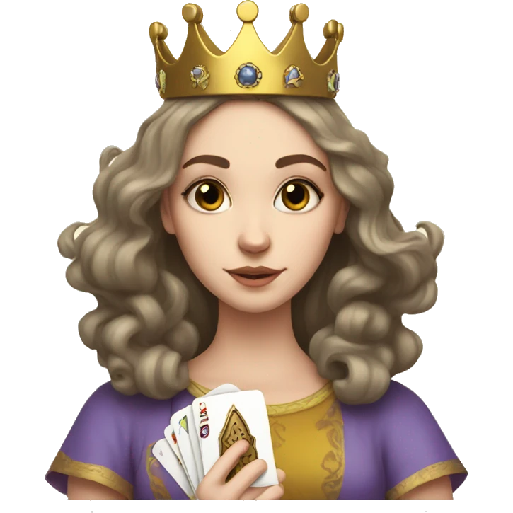 white girl with a crown on her head, she holds tarot cards in her hands emoji