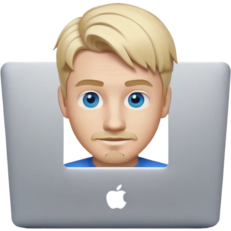 young blond male emoji character with blue eyes, modern hairstyle with hair styled forward and slight fringe, sly proud smile, thin well-groomed blonde mustache and thin sharp-cut blonde goatee, looking directly at camera, working on a MacBook, clean and stylish, tech-savvy emoji