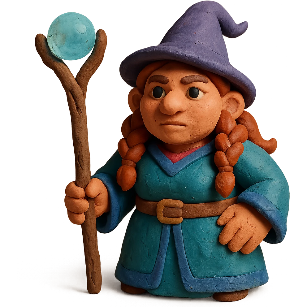 female dwarf sorcerer from DnD, claymation style, fantasy robes, magical staff emoji