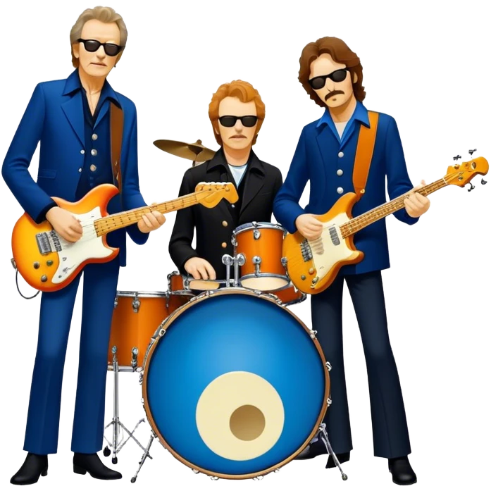 Icon for Blues Rock: collage of the band Cream, with silhouettes of the members (Eric Clapton, Jack Bruce, Ginger Baker) and symbolic items like guitars, drums and bass. The design should convey the powerful, energetic vibe of the band's music. Transparent background. emoji