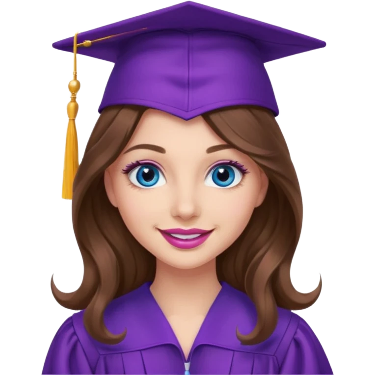 girl with long wavy brown hair, blue eyes, long lashes makeup, sexy pink lips, wearing a purple graduation cap and gown emoji