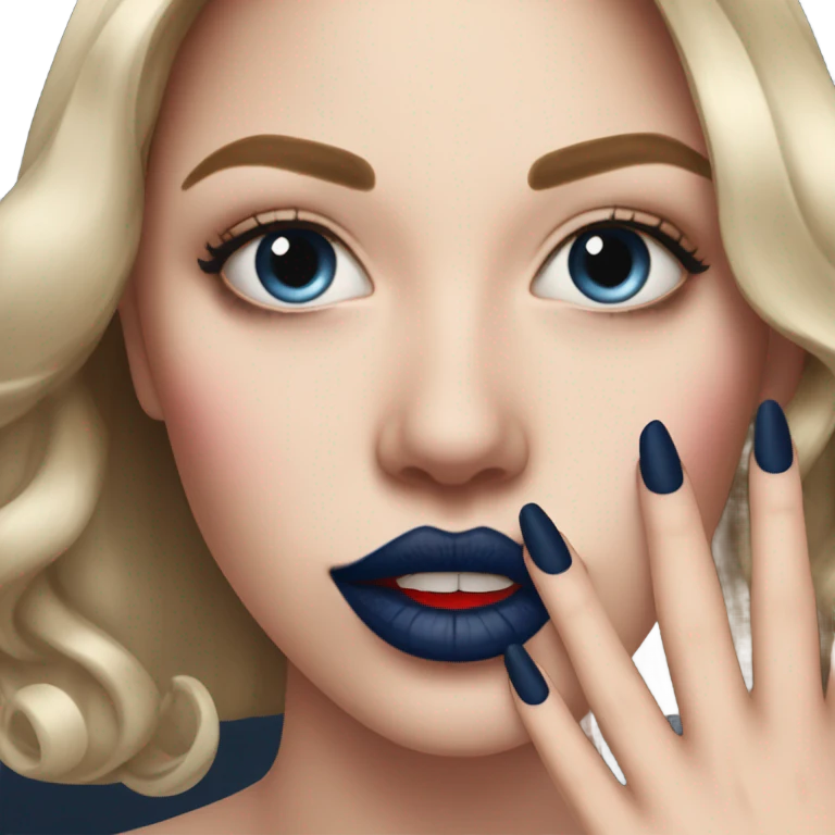 long dark blue manicure at the mouth with red lipstick emoji