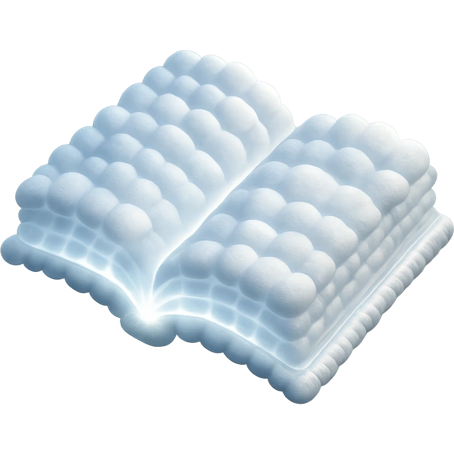 thick open book viewed from above, made entirely of small very bright white fluffy convex clouds, matte glass style, no background emoji